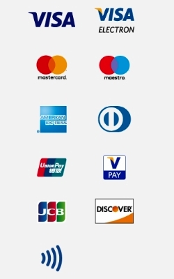 Visa, Visa Electron, Mastercard, Maestro, American Express, Diners Club, Union Pay, V Pay, Apple Pay, Android Pay, Samsung Pay, Japan Credit Bureau, Discover, Contactless